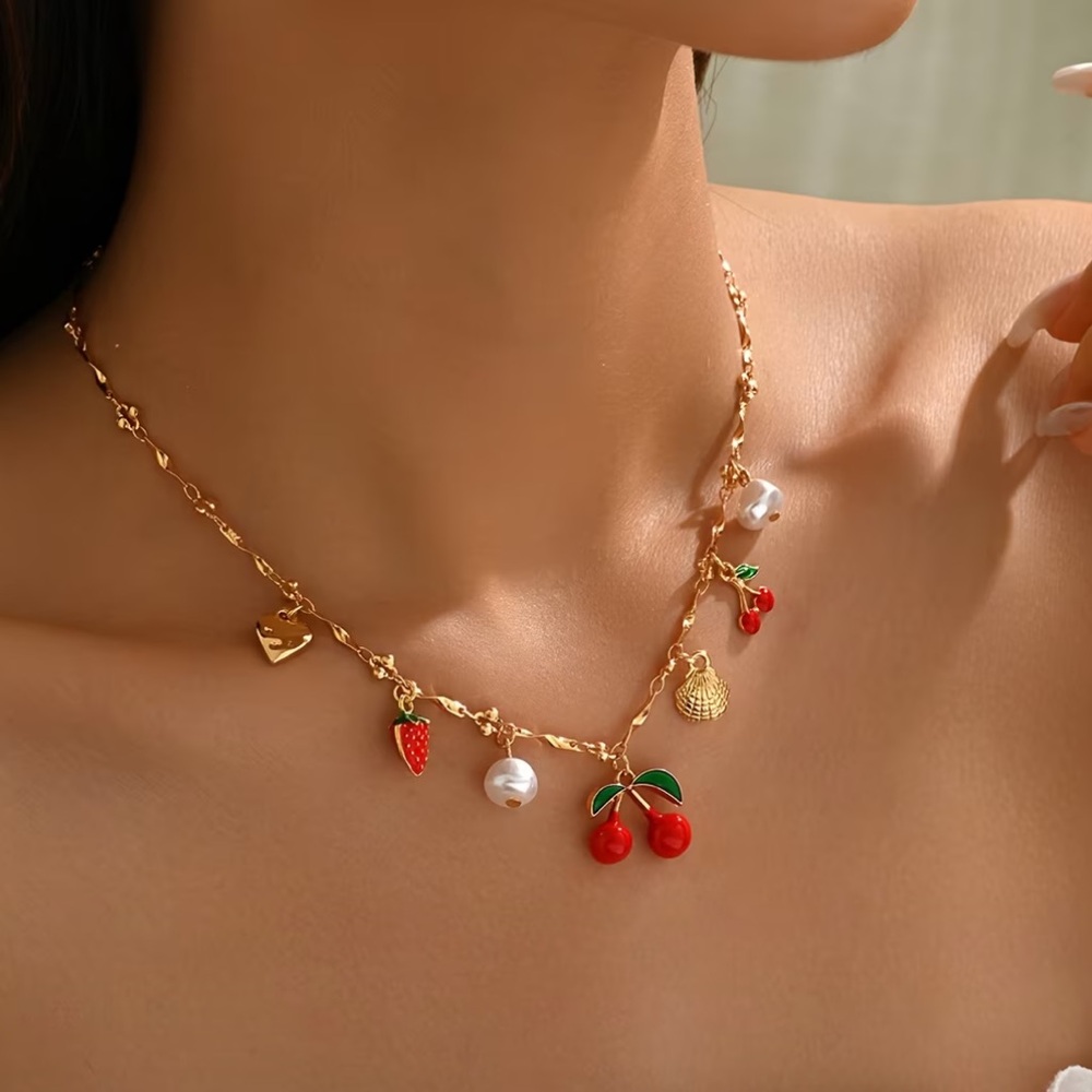 NEW Fruity Charm Cherry Strawberry Pendant Necklace with Gold Accents